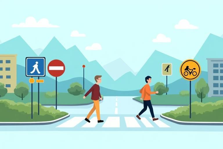 Illustrative graphic showing road safety symbols and community members in an Austrian setting.